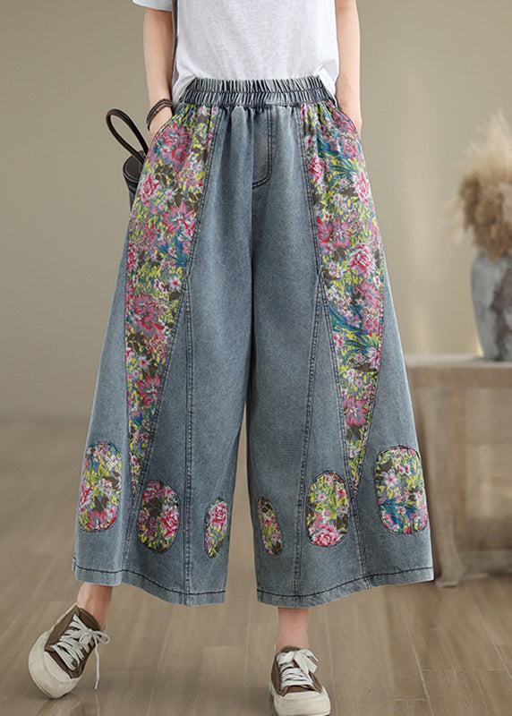 Blue Elastic Waist Pockets Patchwork Crop Jeans Summer
