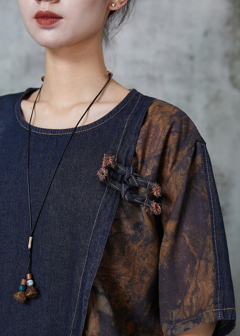 Navy Asymmetrical Patchwork Denim Two Piece Set Spring