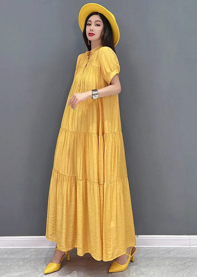 Yellow Stand Collar Patchwork Button Maxi Dresses Short Sleeve