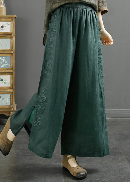 Blackish Green Embroideried Side Open Linen Crop Pants Spring