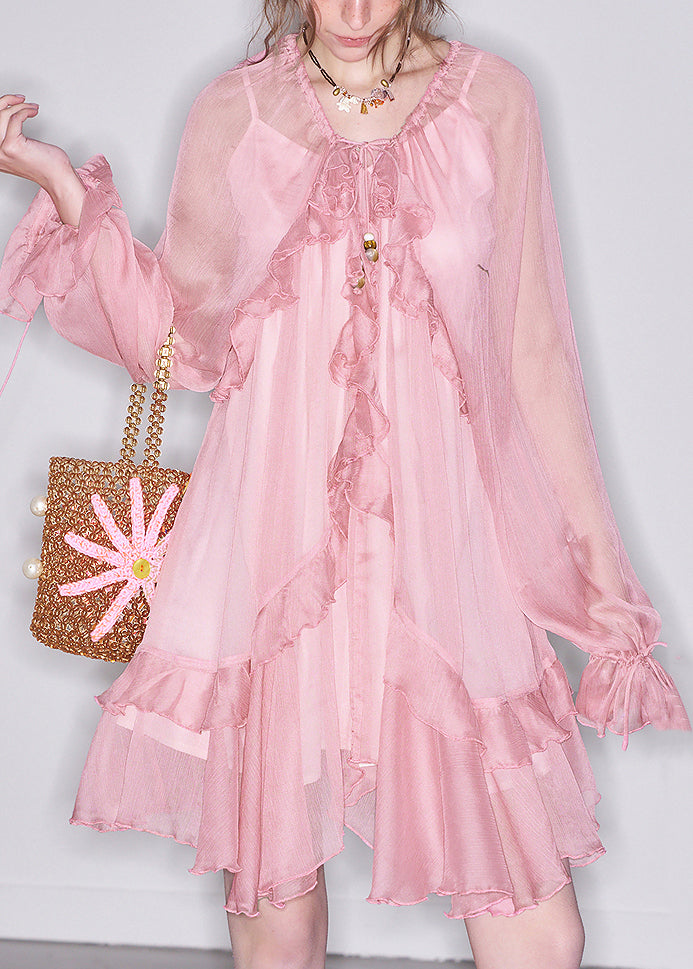 Art Pink Ruffled Lace Up Chiffon Two-piece Set Butterfly Sleeve