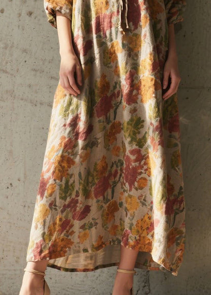 Khaki Tie Neck Print Cotton Holiday Dress Summer