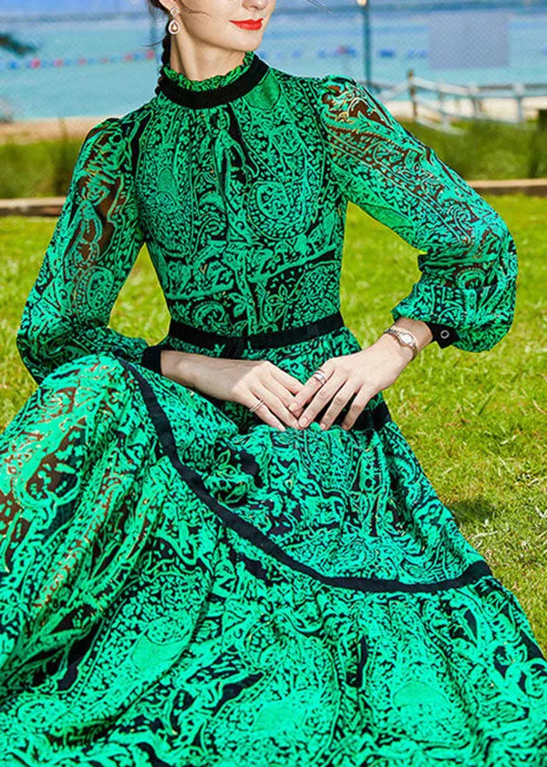 Green Stand Collar Patchwork Print Chiffon Cinch Dresses Spring