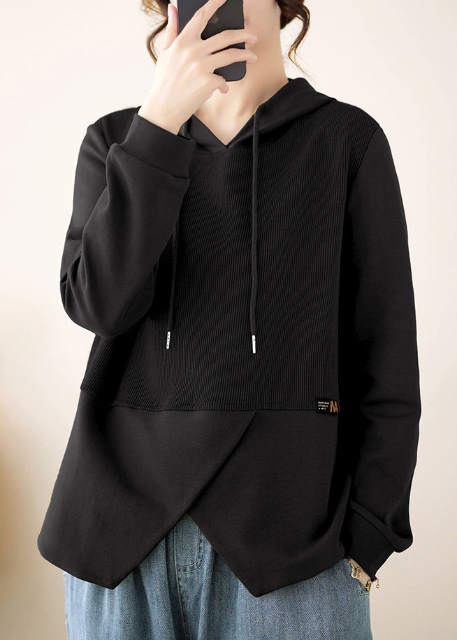 Black Patchwork Cotton Hooded Pullover Asymmetrical Fall