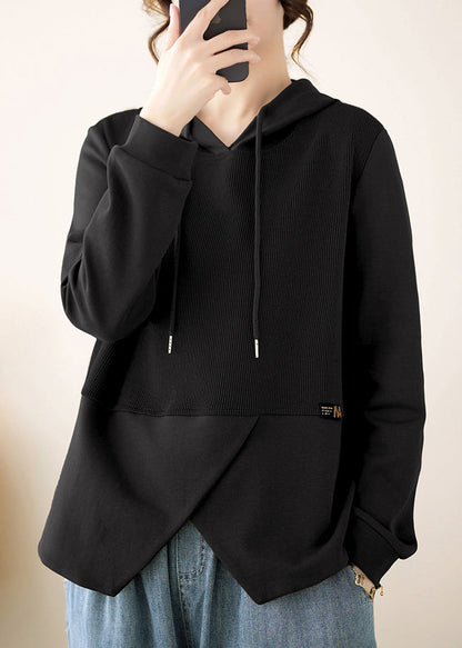 Black Patchwork Cotton Hooded Pullover Asymmetrical Fall