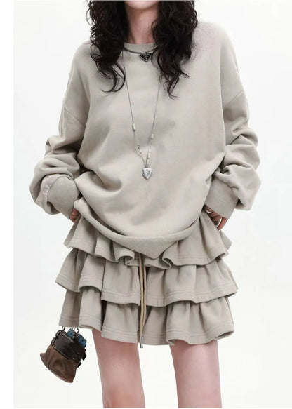 Apricot Loose Cotton Two Pieces Set Layered Ruffled Spring