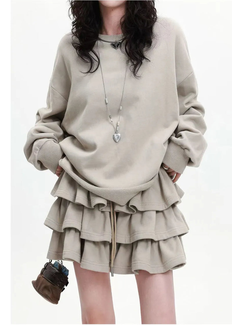 Apricot Loose Cotton Two Pieces Set Layered Ruffled Spring