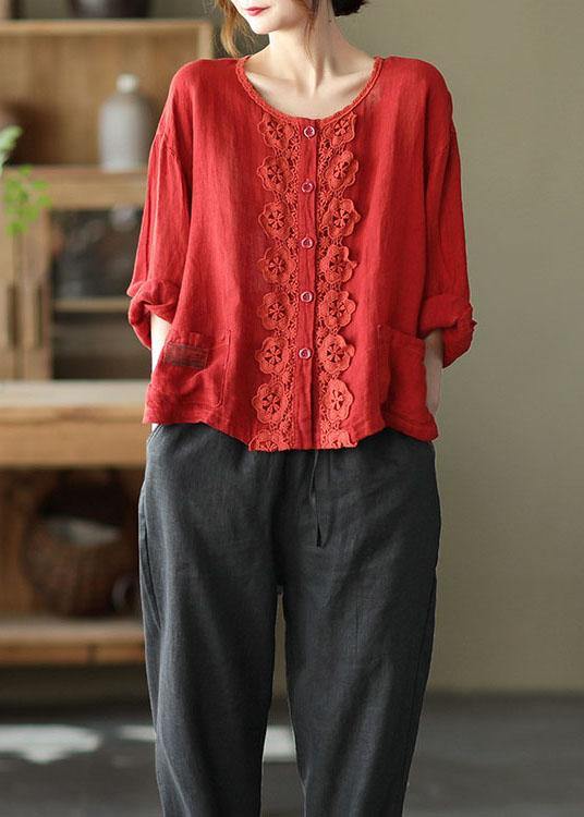 Modern Red Hollow Out Embroideried Pockets Fall Long Sleeve Shirt Tops