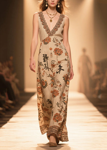 Handmade Coffee V Neck Print Cotton Straight Dress Sleeveless
