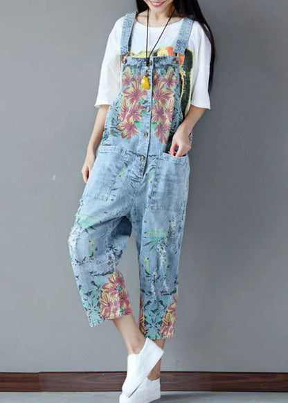 Italian Light Blue Pockets Print Ripped Jeans Jumpsuits Summer
