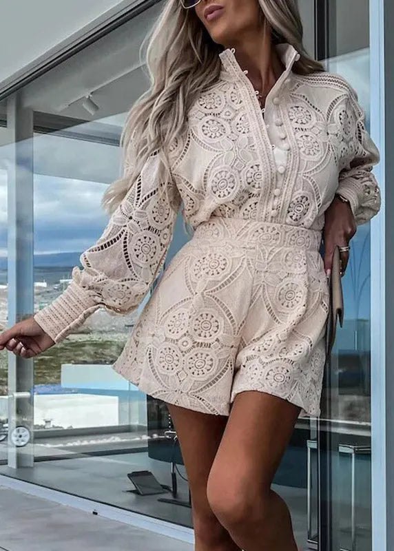Apricot Button Lace Shirts and Shorts Two Piece Set Spring