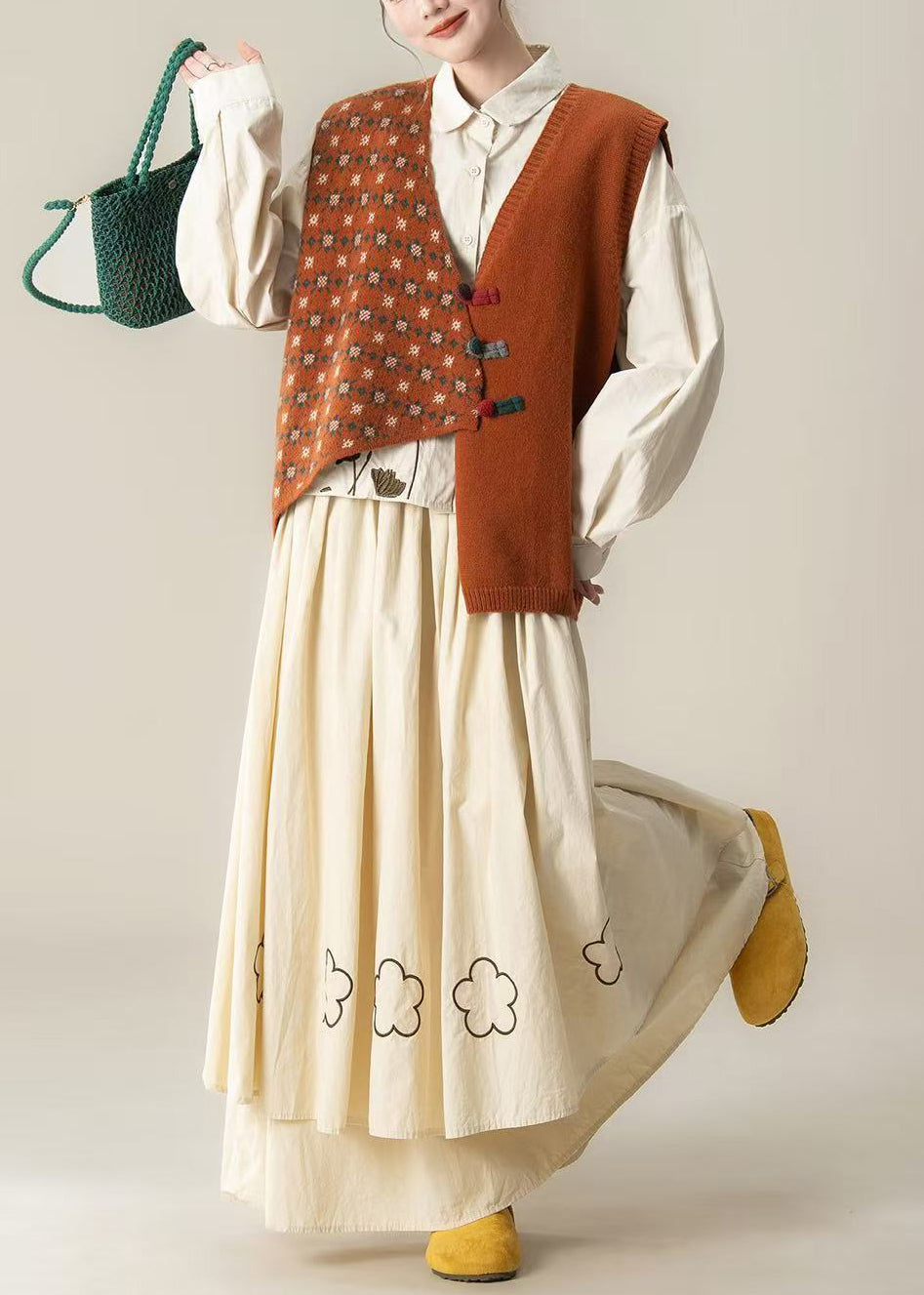 Orange Asymmetrical Embroidered Knit Three-piece Set Spring