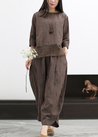 Chocolate O-neck Silk Patchwork Linen Shirts and Wide Leg Pants Two Pieces Set Spring