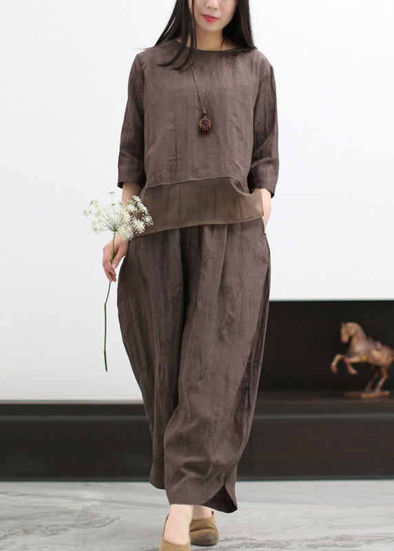 Chocolate O-neck Silk Patchwork Linen Shirts and Wide Leg Pants Two Pieces Set Spring