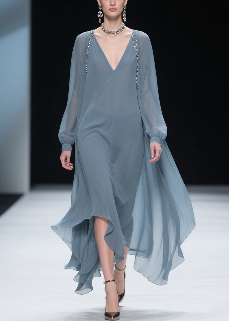 Simple Blue V Neck Chiffon Long Dress Spring