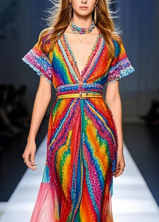 Fine Rainbow Ruffled Chiffon Holiday Dress Summer