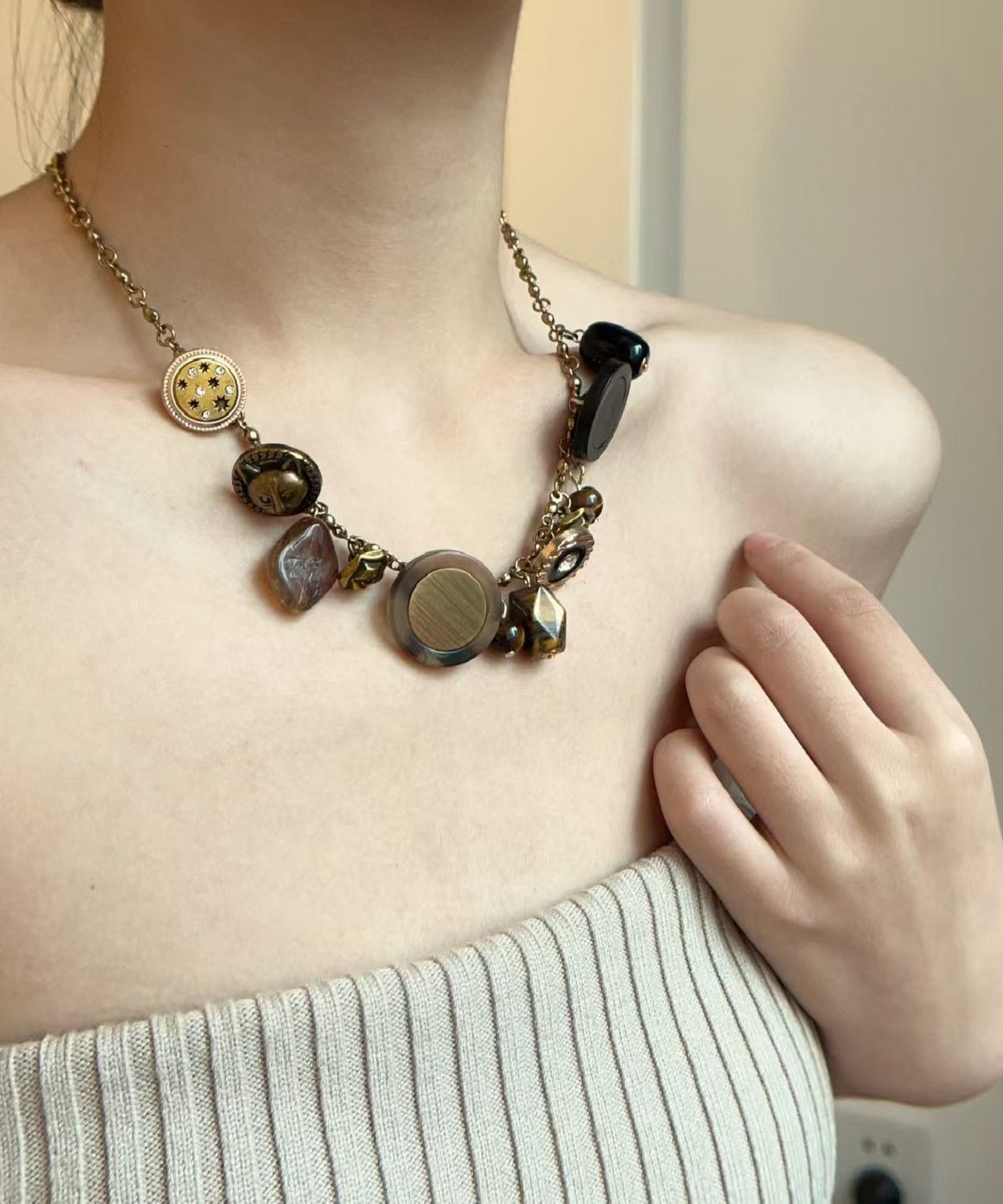 Gold Copper Tiger Eye Stone Tassel Necklace