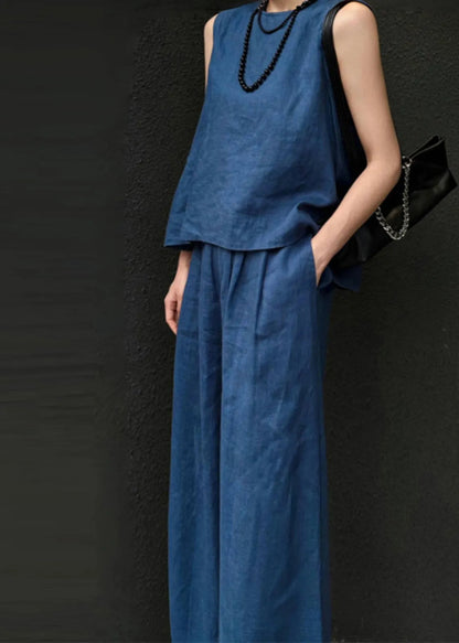 Blue Linen Vest and Wide Leg Pants Two Pieces Set Sleeveless