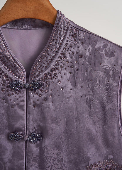 Purple Mandarin Collar Rhinestone Silk Velvet Vests Fall