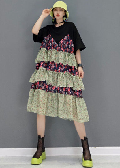 Style Black O-neck Layered Patchwork Ruffles Cotton Robe Dresses Short Sleeve