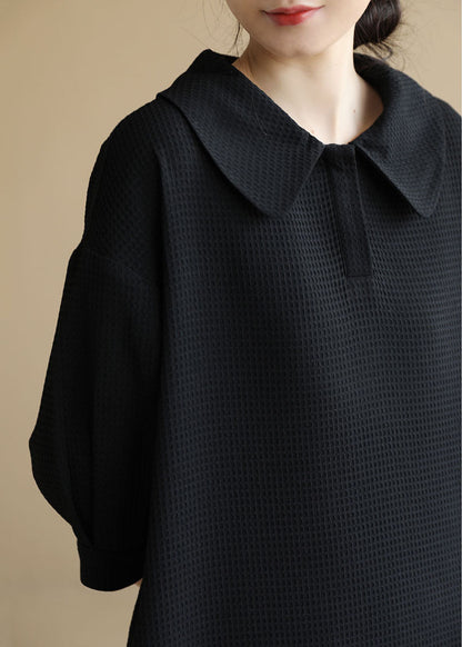 French Black Peter Pan Collar Waffle Cotton Vacation Mid Dress Bracelet Sleeve