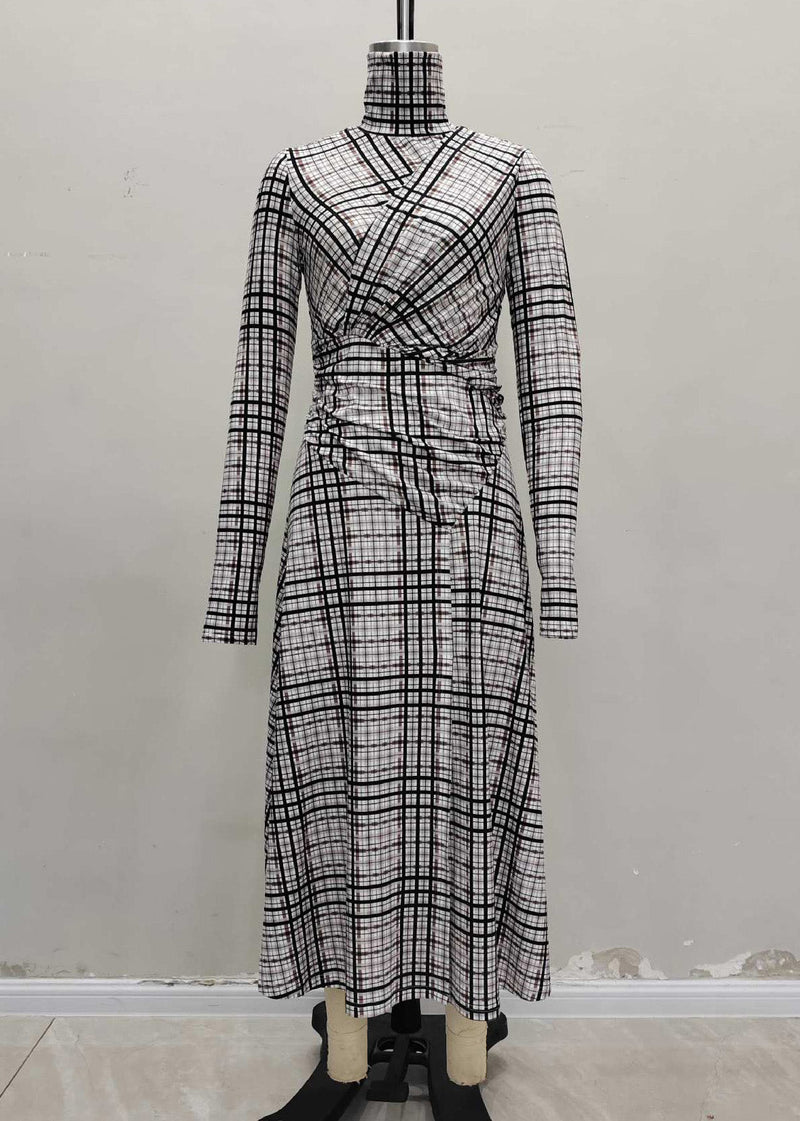 Hign Neck Plaid Patchwork Cotton Long Dresses Spring