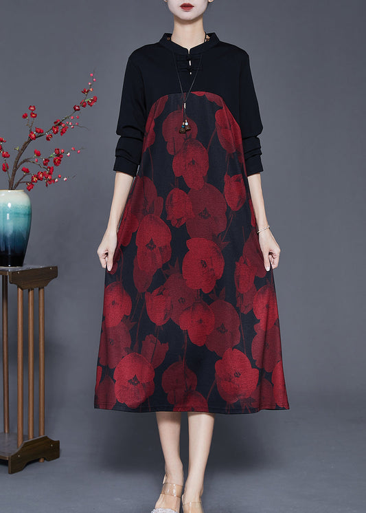 Red Mandarin Collar Print Cotton Holiday Dress Spring