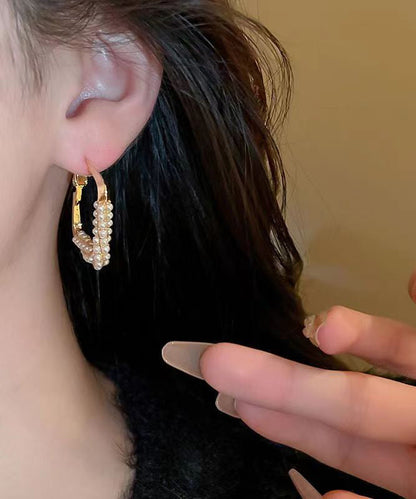 Gold Sterling Silver Overgild Zircon Pearl Hoop Earrings