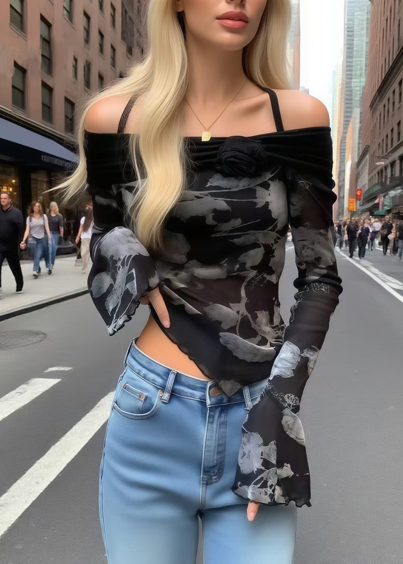 Black Print Flower Decorated Cold Shoulder Tops Summer