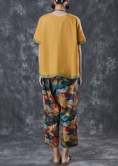 Yellow Oversized Print Linen Two Pieces Set Summer