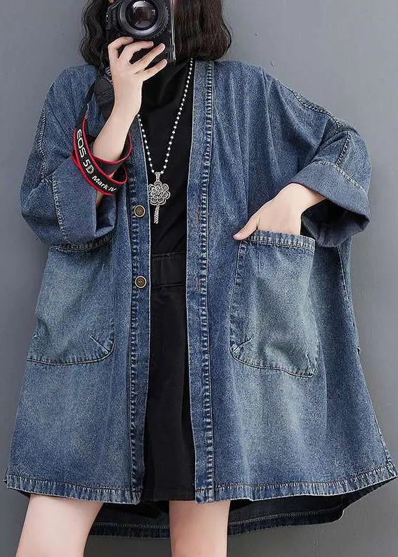 Blue V Neck Pockets Denim Coats Fall