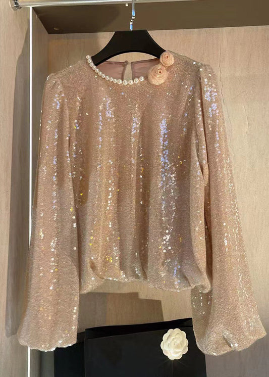 Pearl Embellished Lantern Sleeve Sequin Shirt Spring