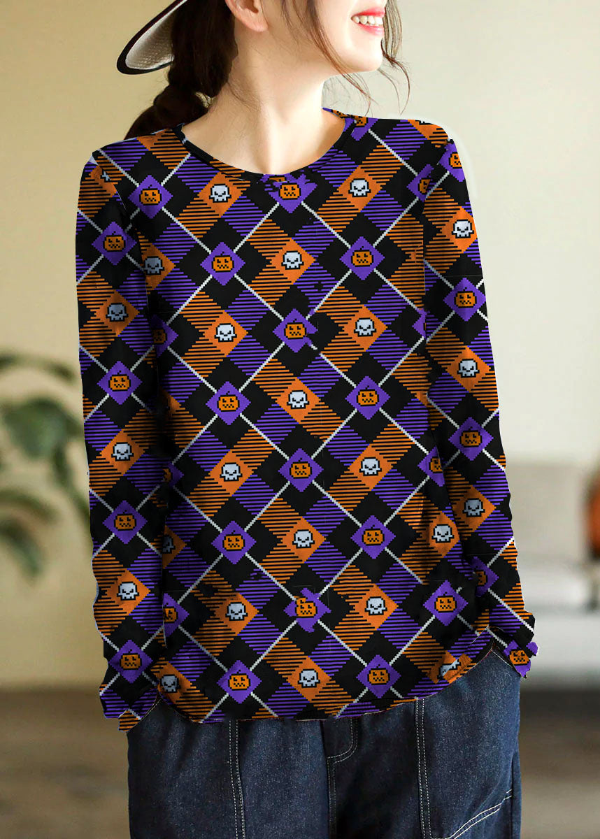 Blue O-neck Print Cotton Knitted Top Long Sleeve