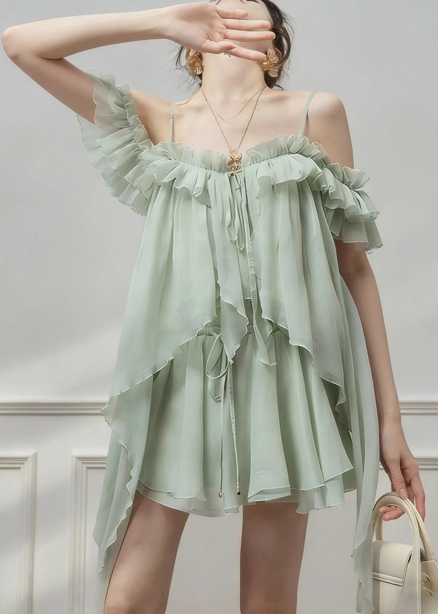 Natural Green Cold Shoulder Asymmetrical Chiffon Top and Skirts Two Pieces Set Sleeveless