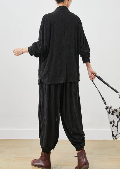 Black Loose Cotton Ripped Two-piece Set Turtle Neck Spring