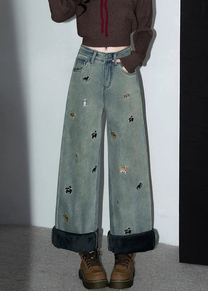 Denim Blue Embroidered Pockets Warm Fleece Pants