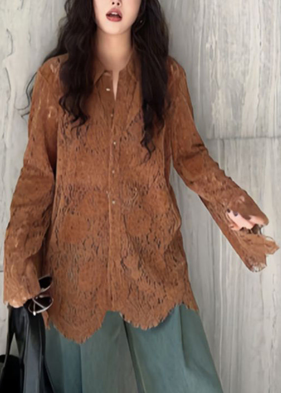 Coffee Peter Pan Collar Button Lace Shirt Flare Sleeve