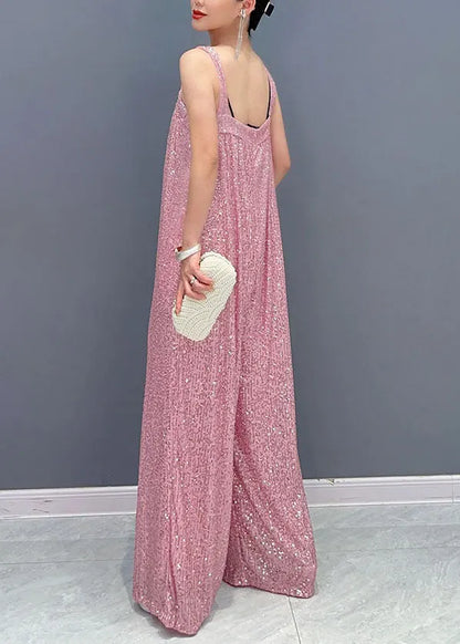 Pink Slash Neck Sequins Spaghetti Strap Jumpsuit Summer