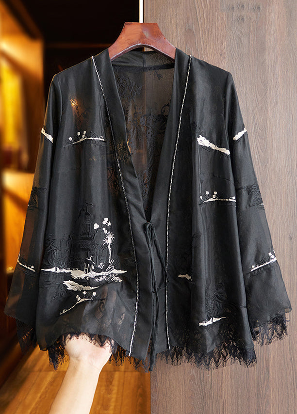 White Lace Up Printed Lace Patchwork Top Fall
