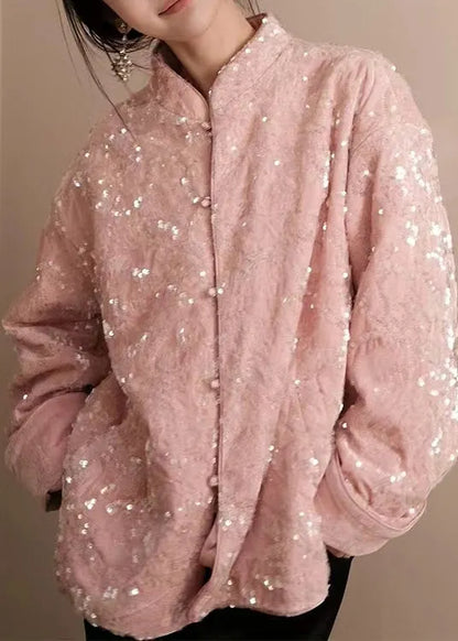 Pink Sequins Button Silk Velvet Coats Long Sleeve