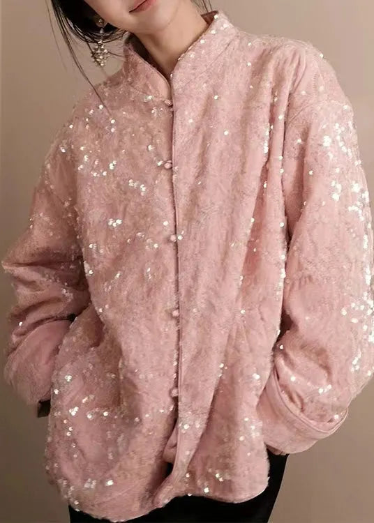 Pink Sequins Button Silk Velvet Coats Long Sleeve