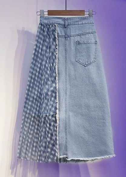 Blue Wrinkled Tulle Patchwork Denim Skirts Spring