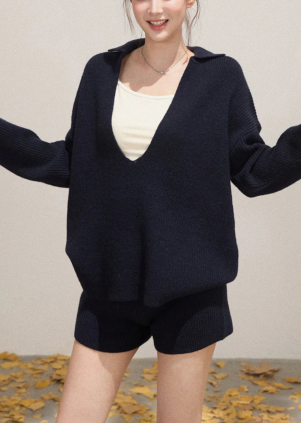 Navy Deep-v Neck Knit Two-piece Set Fall