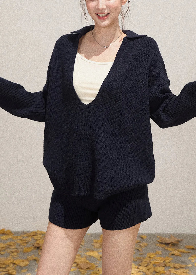 Navy Deep-v Neck Knit Two-piece Set Fall