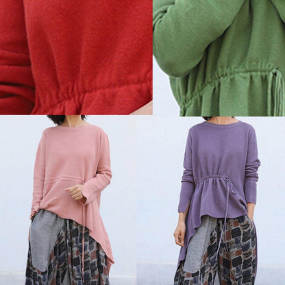 Purple Clothes O Neck Knitted Blouse Drawstring Asymmetric