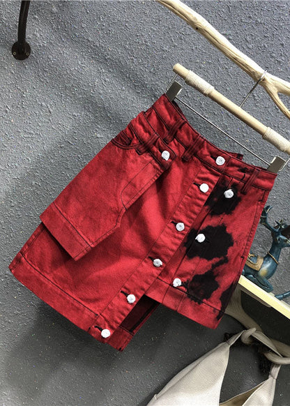 Red High Waist Patchwork Button Asymmetrical Denim Skirt Summer