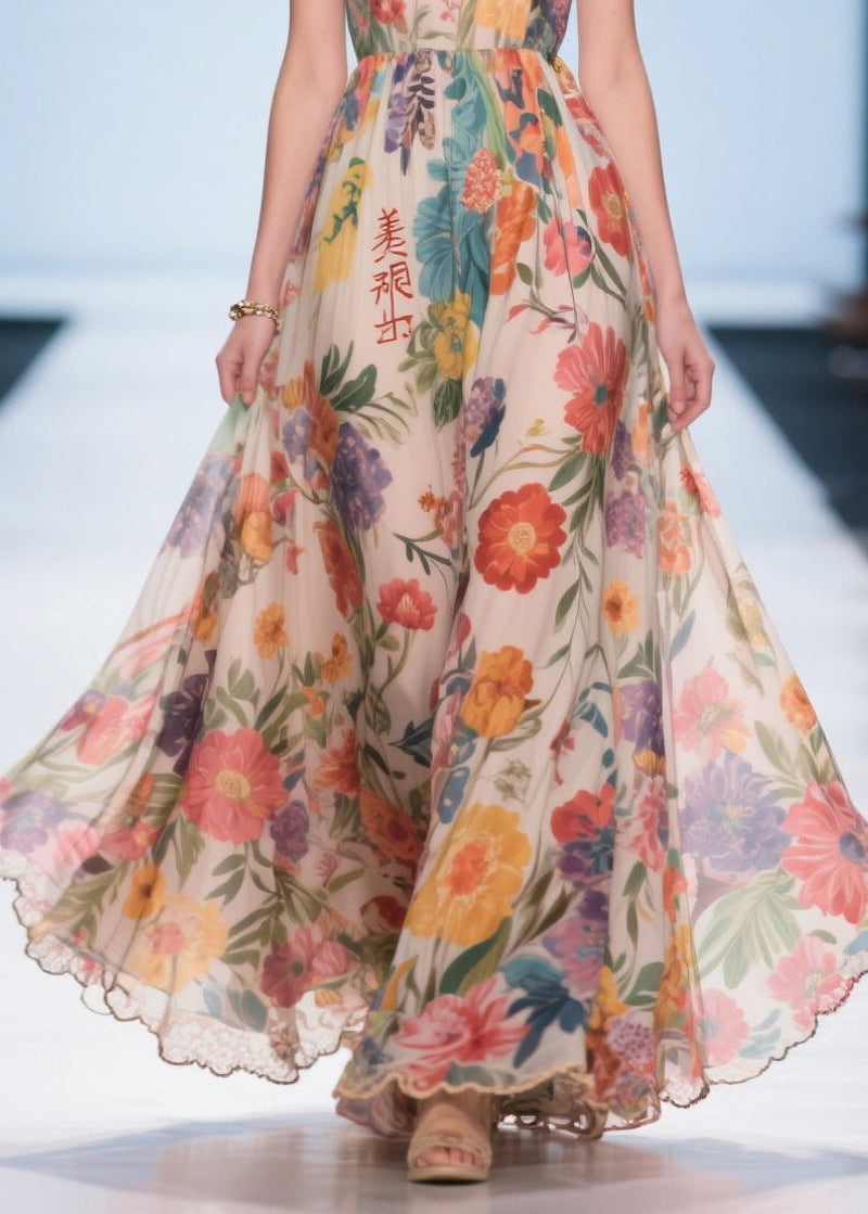 Apricot Print Exra Large Hem Chiffon Strapless Dress Summer