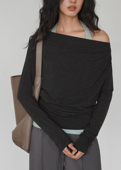 Dark Gray Off Shoulder Topand Light Green Interior Layered Set