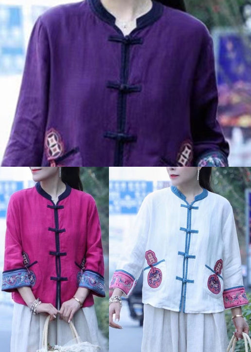 White Embroideried Linen Tops Long Sleeve