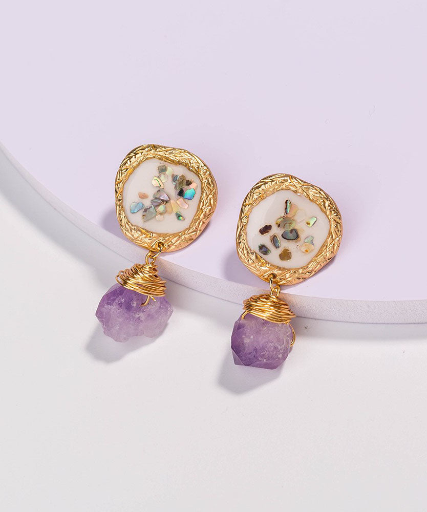 Light Purple Alloy Gem Stone Drop Earrings